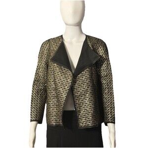 Lafayette 148 Cropped Leather Trim Gold Metallic Jacket Open Front  SZ P = S